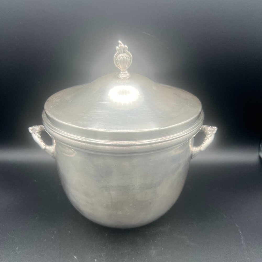 Vintage 1970s Silver Plated Ice Bucket with Handles, Lid and Plastic Insert